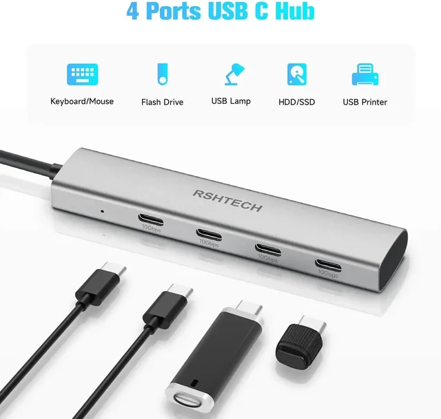 RSHTECH USB C Hub USB 3.1/3.2 Gen2 Hub 10Gbps 4-Port USB C Splitter Portable Aluminum USB Type C to USB C Adapter for MacBook 3