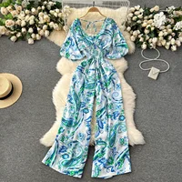 V Neck Sexy Dolman Sleeves Waist Slim Floral Print Jumpsuit Women Wide Leg Trousers Jumpsuit - Image 6