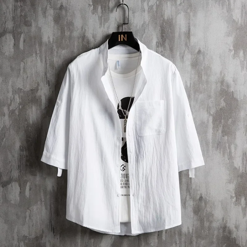 

New Trendy Linen Shirt Men's Three-quarter Sleeve Stand Up Neck Shirt Loose Summer Cotton Linen Shirt