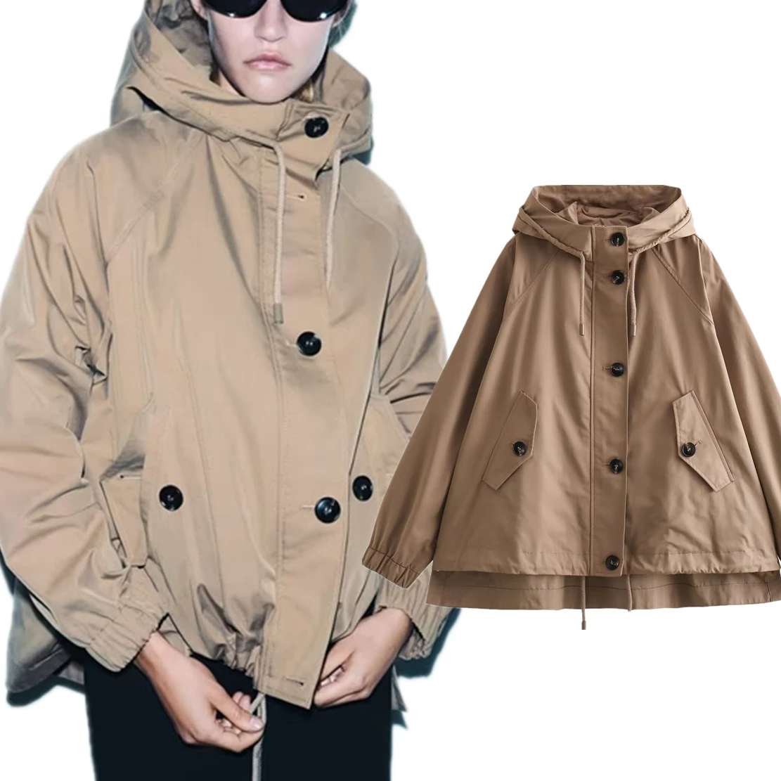 

Elmsk Autumn/Winter Fashion Khaki Cargo Coat Loose Boyfriend Style Hooded Drawstring Zipper Bomber Jacket Women