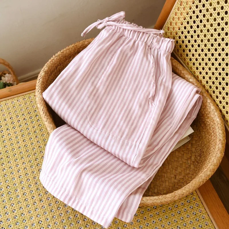 2026 New Women's Spring/Summer Sleeper Pants 100% Cotton Gauze Striped Tether Pants Striped Loose Thin Home Pants 3