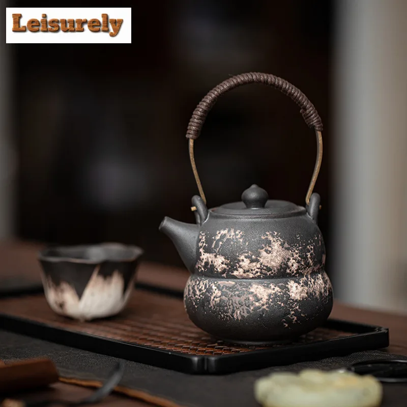 230ML Retro Black Pottery Gourd Lifting Handle Teapot Elegant Tea Infuser Pot Tea Maker Kettle with Filter Drinkware Ornaments