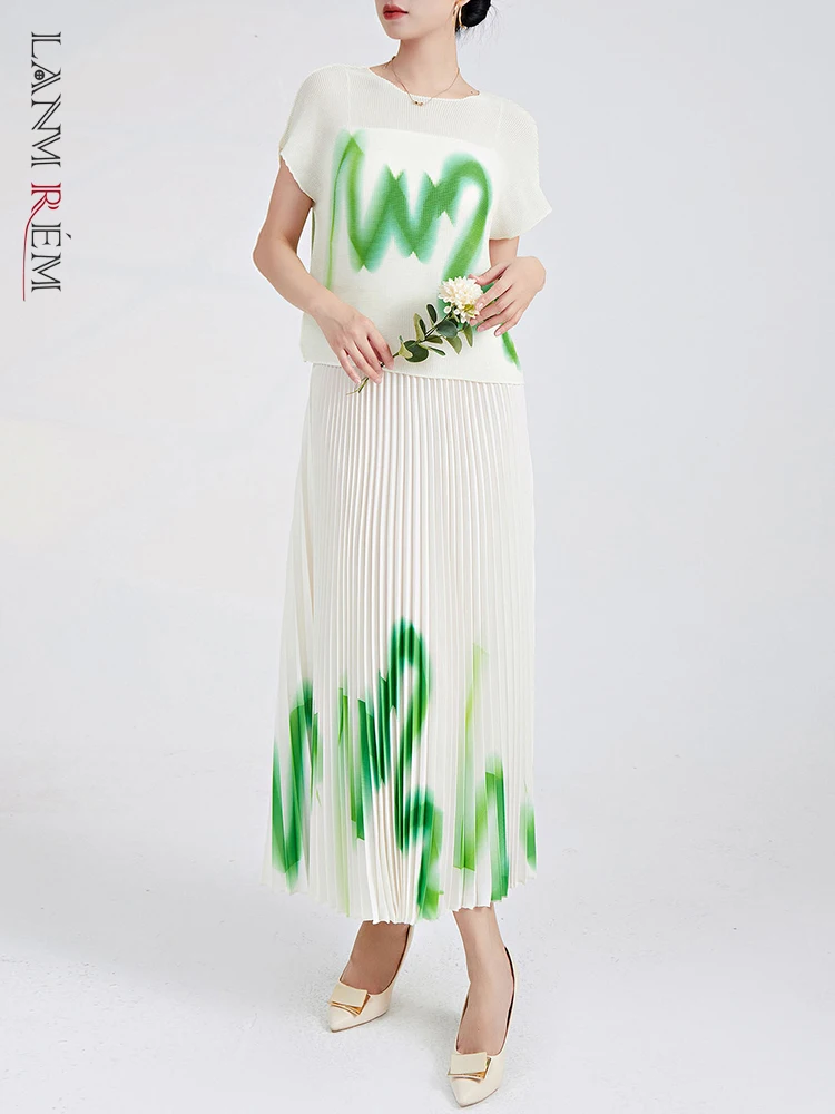 

LANMREM Printed Pleated 2 Pieces Set For Women Round Neck Short Sleeves Slim Tops High Waist Fold Skirts 2023 Summer 2YA3117