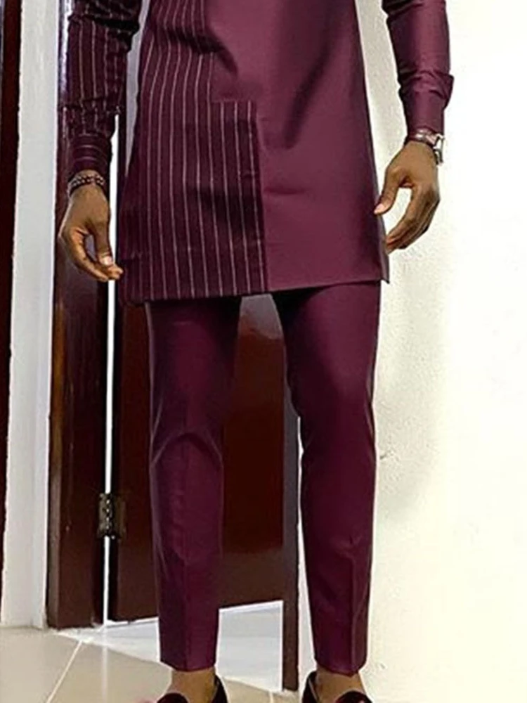 African Ethnic Style Solid Color Robe Casual Men's Set Muslim Robe Shirt Deep Red Round Neck African Ethnic Style Set Robe