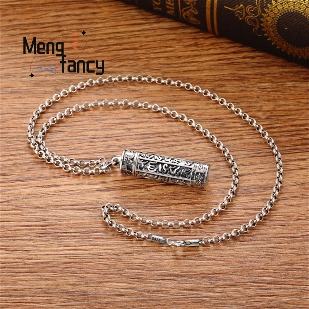 Thai Silver Leng Yan Mantra Six-word Motto Amulets Retro Hollow Sutra Cylinder Transhipment Pendant Fashion Jewelry Holiday Gift