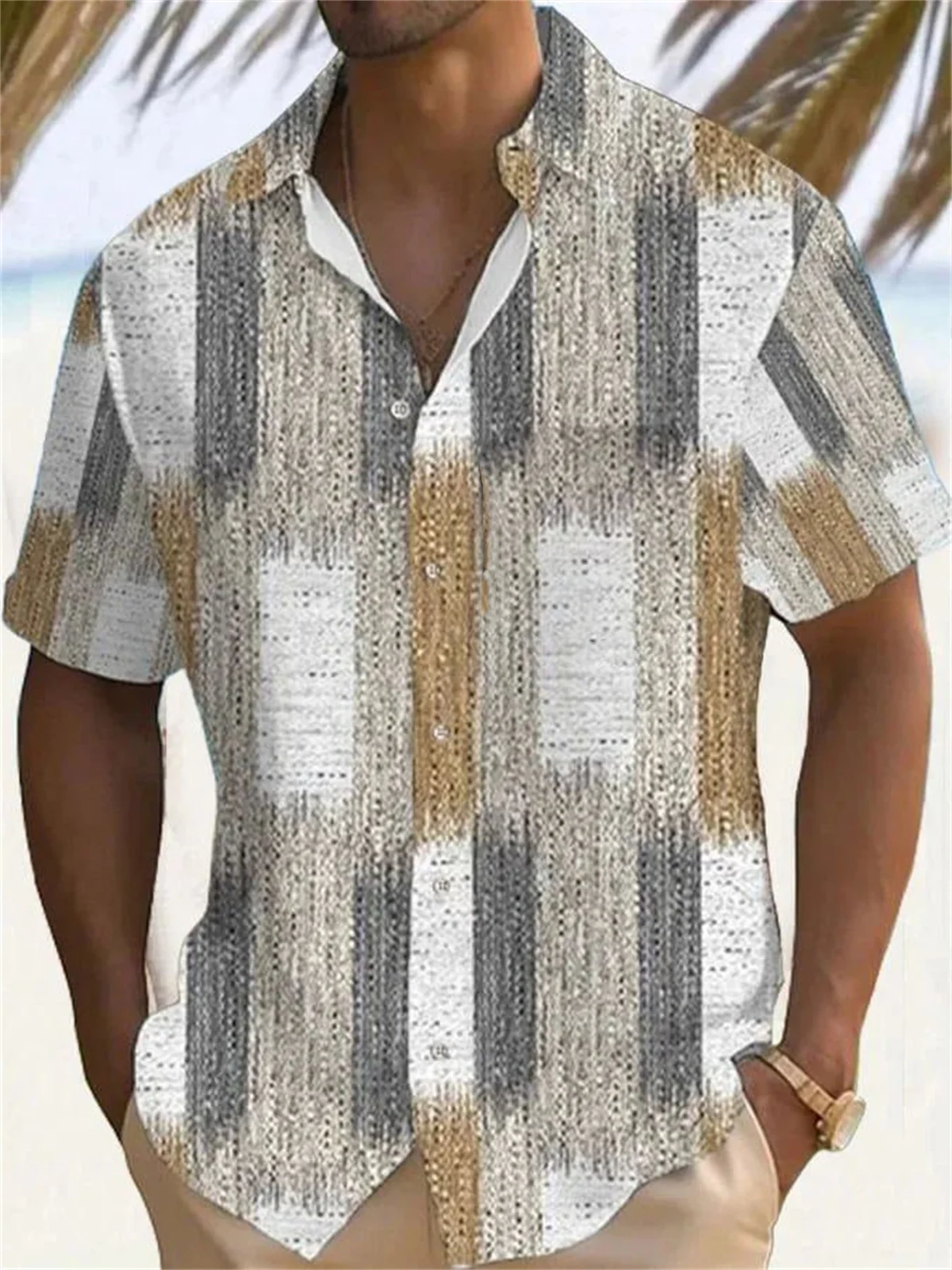 Summer New Men's Shirt Retro Gradient Texture 3D Print Short sleeved Single breasted Shirt Hawaiian XS-5XL