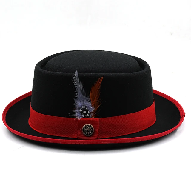 Fashion Women Men Pork Pie Hat Dad Wool Flat Fedora Hat Lady Gentleman Gambler Panama Trilby Hat With Fashion Feather Size 58CM 2