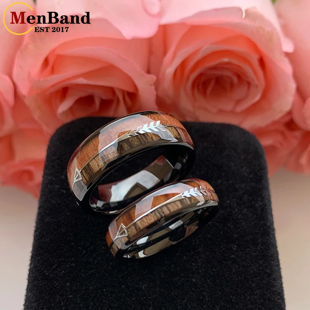 MenBand Fashion 6/8MM Black Tungsten Carbide Wedding Band Ring Two Different Koa Wood And Arrow Inlay Dome Polishing Comfort Fit