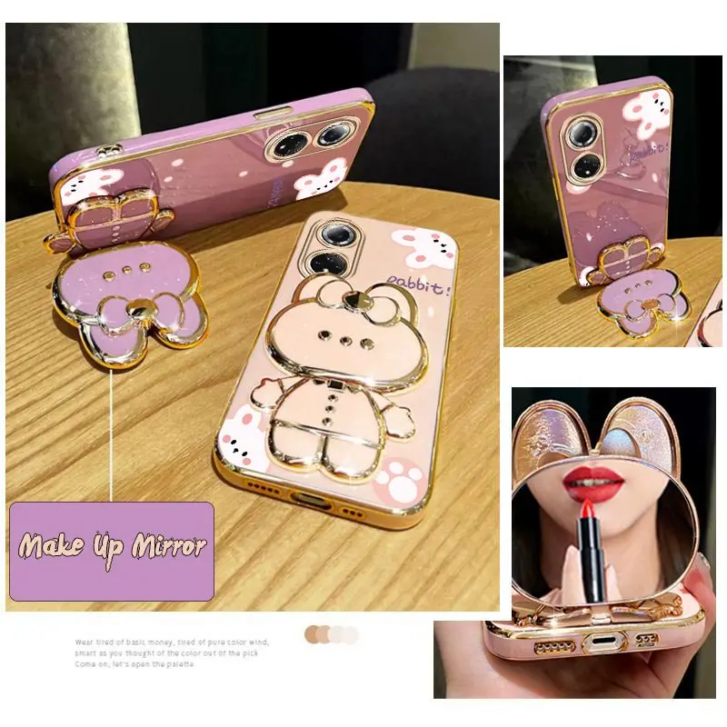 Diamond Wrist Strap Mirror Rabbit Phone Holder Case with Stand