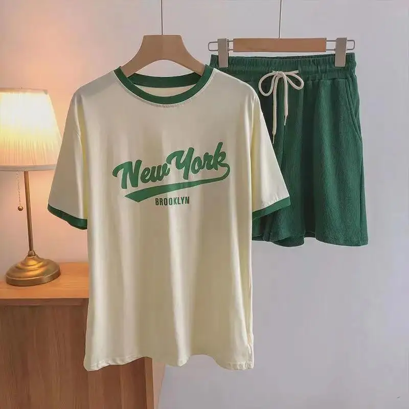 

New Summer Girl Sport Clothing Set Women Short Sleeve T-shirts Shorts Pants 2 Piece Sets Women Outfits American Letter Print Set