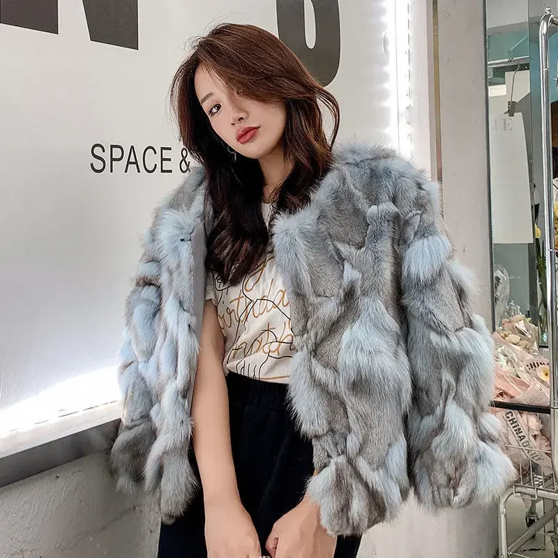 

New Luxury Short Real Fur Jacket Fox Fur Coat Snow Outwear Women Autumn And Winter New Round Neck Minimalist Top Clothes