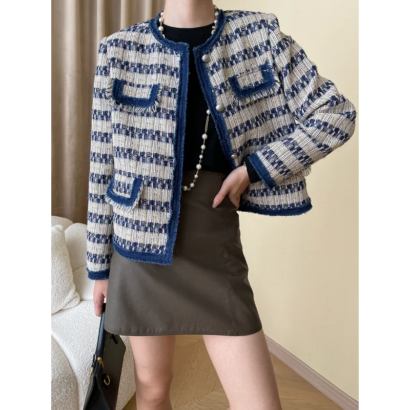 Autumn French Woven Tweed Tassels Casual Short Jacket Female Denim Patchwork Stripes Korea Fashion Long Sleeve Women Coat 1614