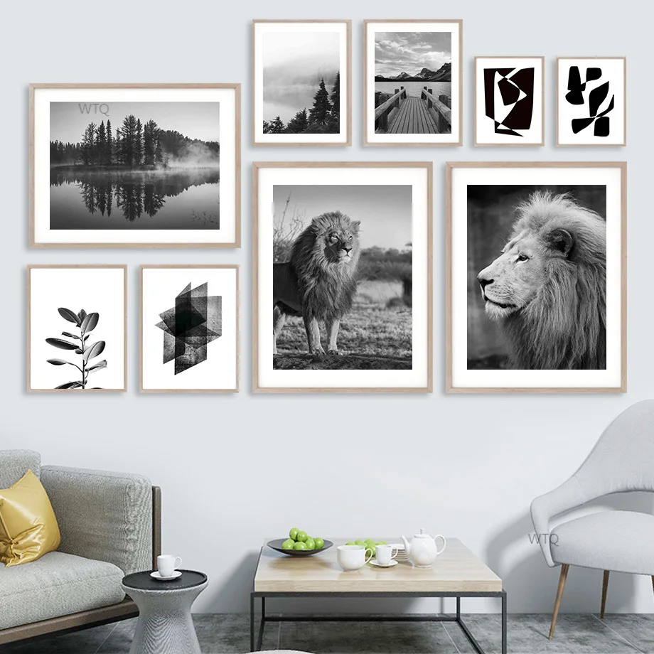 Black White Lion Pine Forest Mountain Wall Art Canvas Painting Nordic Posters And Prints Wall Pictures For Living Room Decor