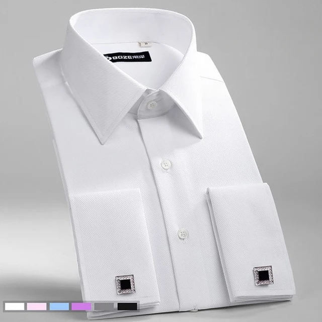 M~6XL Men's French Cuff Dress Shirt 2024New White Long Sleeve Formal Business Buttons Male Shirts Regular Fit Cufflinks Shirt 2