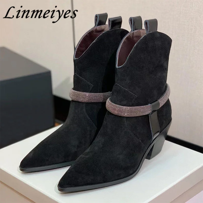 

Classics Square Heels Western Boots Woman Cow Suede String Bead Chelsea Boots Pointed toe Chunky High Heels Short Boots Women