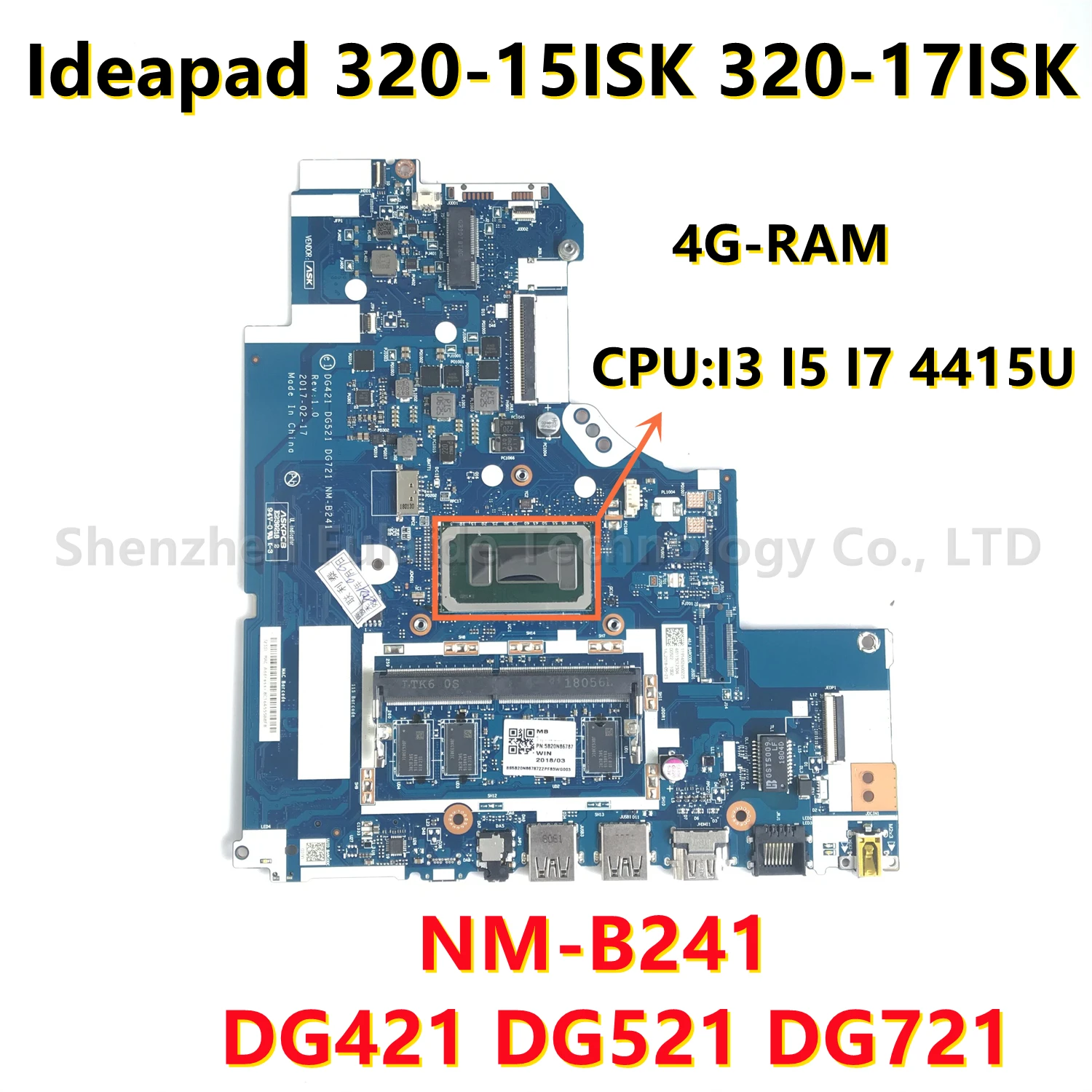 

DG421 DG521 DG721 NM-B241 для Lenovo Ideapad 320-15ISK 320-17ISK материнская плата для ноутбука i3 i5 i7 4415U CPU 4GB-RAM клавиатура 100% ОК