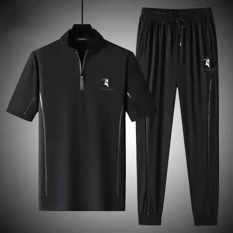 Pecker Bird Summer Ice Silk Men Short Sleeve Suit Sports Three Piece Set Loose Casual Large Size Running Clothes Mens Clothes