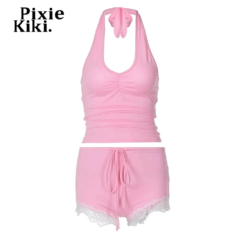 PixieKiki Girly Y2k 핑크 여성용 투피스 의상, 홀터 탑 및 레이스 트림, 부티 반바지, 카와이 옷 P16-BG17, 여름