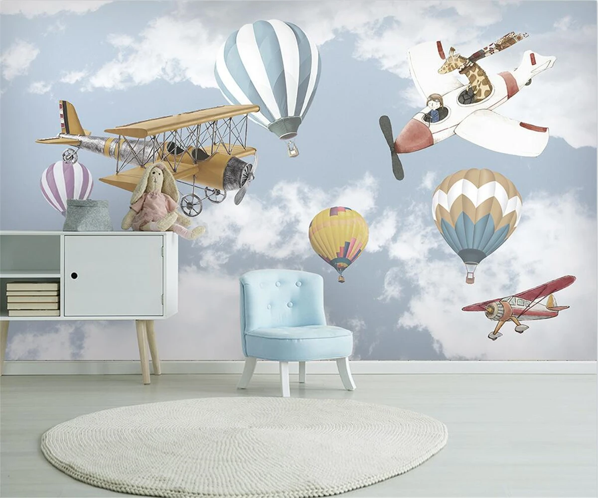 Custom wallpaper Nordic simple hand-painted cartoon airplane balloon children's room living room background wall 3d wallpaper