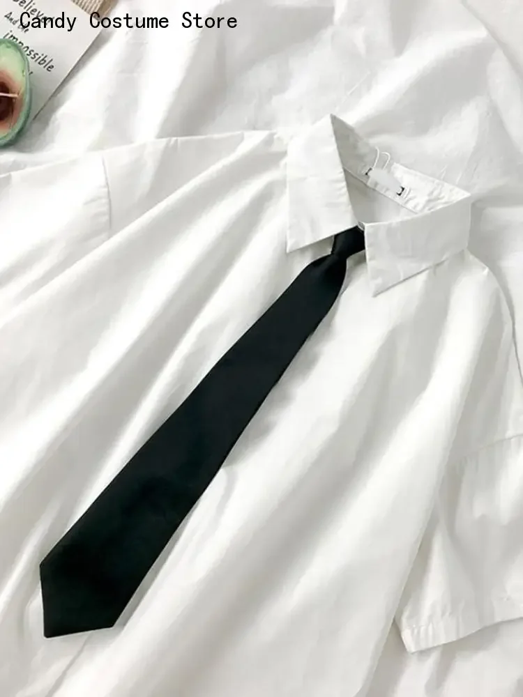 Summer Button Up Tops White Shirts Women Fashion Black Tie Japan Style Preppy Students JK Girls Blouse Simple Solid Loose