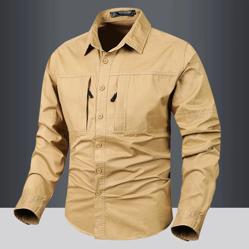 Men's Tactical Hiking Long Sleeve Shirt Big Pocket Cargo Button Up Shirt mens t shirts