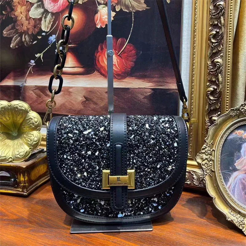 

Colored Stone Saddle Bag Women's Bag 2023 New Vintage Light Luxury Brand Chain Single Shoulder Messenger Bag Wallet and Handbag