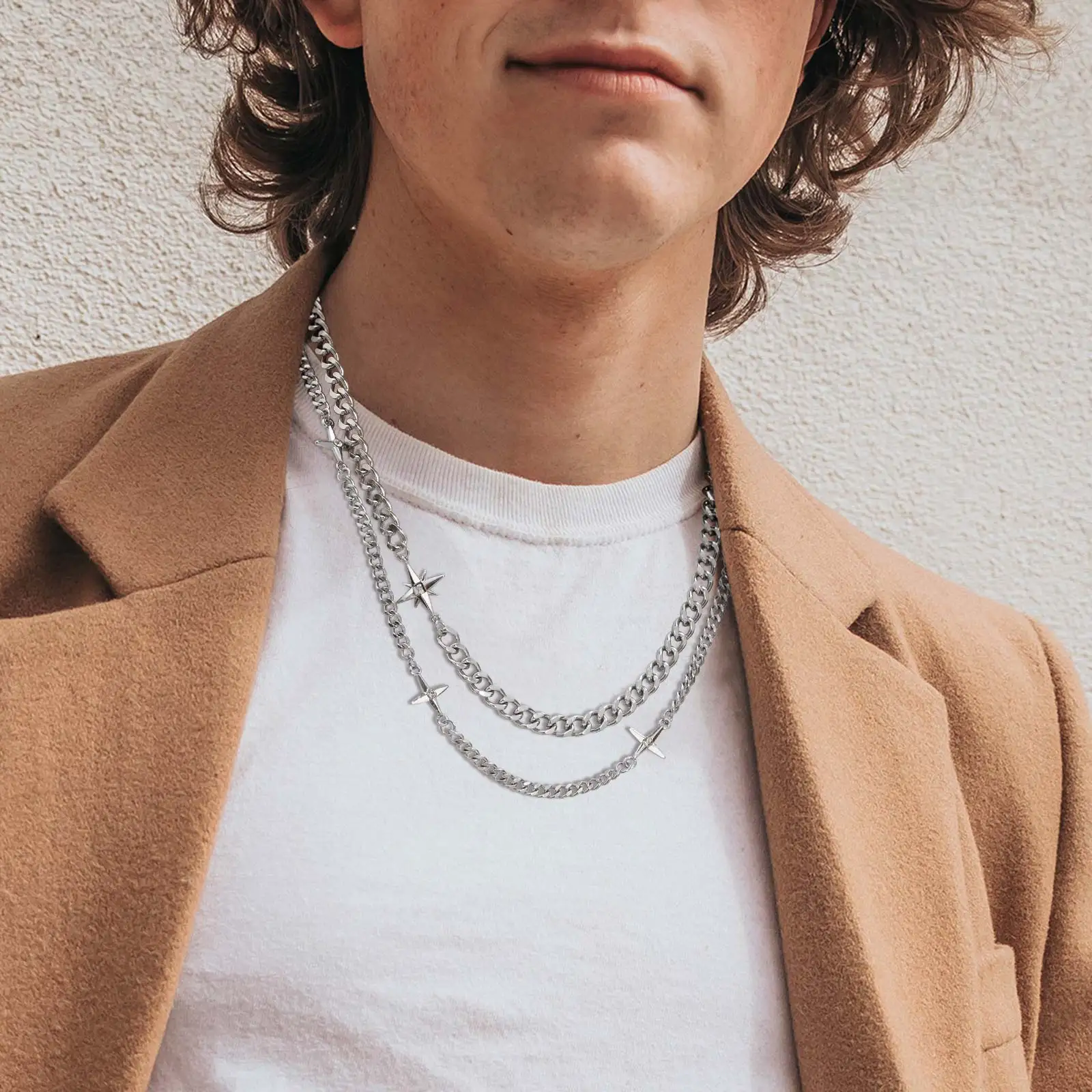 Mprainbow 2pcs/set Cuban Chain Neckalces for Men Women,7mm/4.45mm Chains Splicing Four Pointed Star Collar,Stylish Jewelry Gift