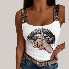  Women Leopard Lips Print Tank Tops Summer Sexy Vintage Solid Sleeveless Bustier Vest Tees Lady Party Club Streetwear Crop Tops 