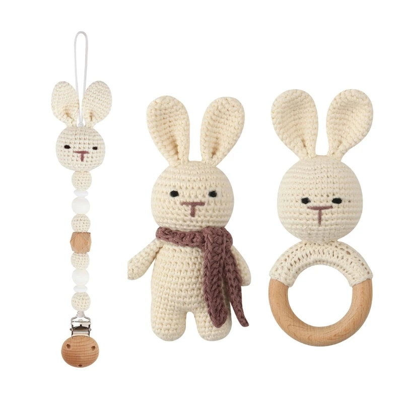 

Pacifier Clip Teether Rattle Infant Crochet Rabbit Rattle Handbell Toddler Gym Toy Rattle Teething Gift for Baby Newborn