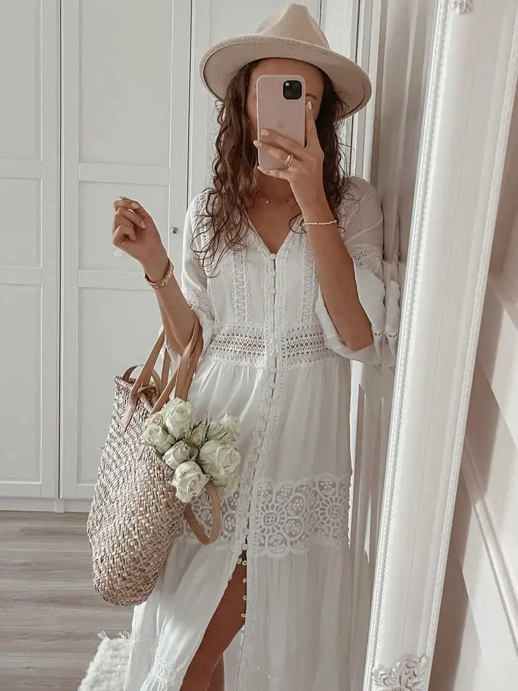 ワンピース BOHEMSEO V - NECK BUTTON DRESS Womens Sexy V Neck Button Down Front Split Flowy Maxi Boho