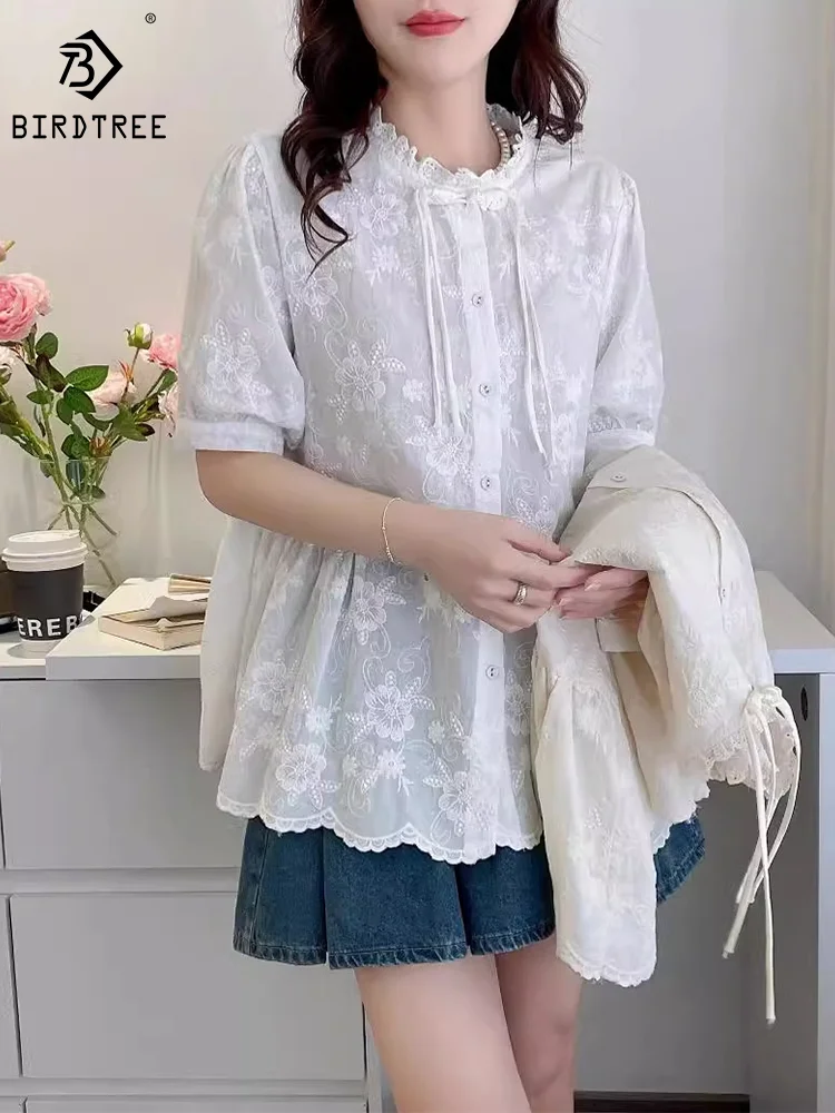 

Женская хлопковая блузка с коротким рукавом, с цветочной вышивкой