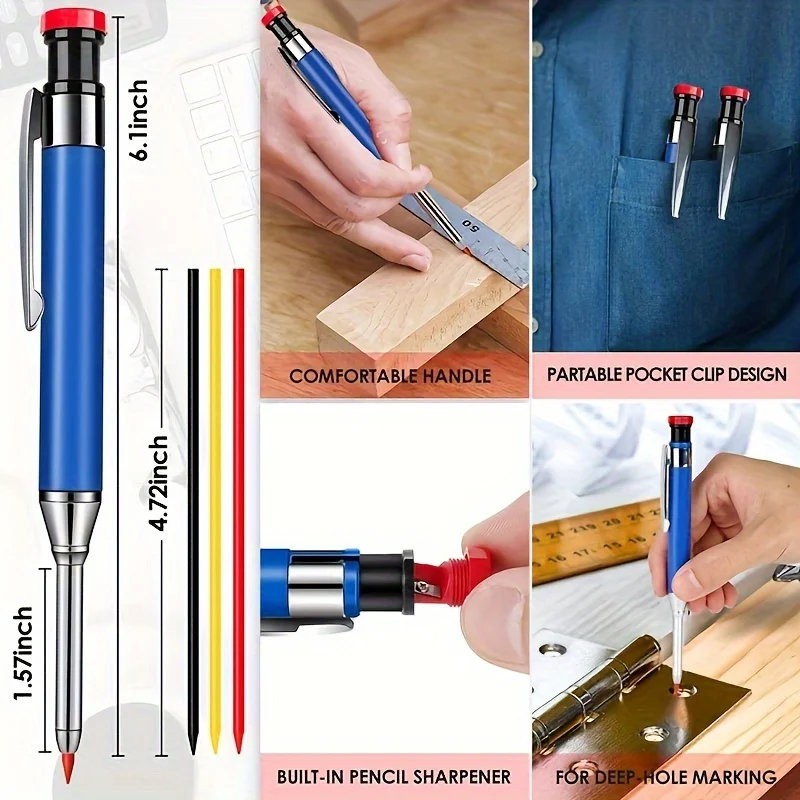 2.8MM Metal Aluminum Rod Woodworking Pencil Set with Built in Sharpener, Deep Hole Marker, Drawing and Marking Tools 3