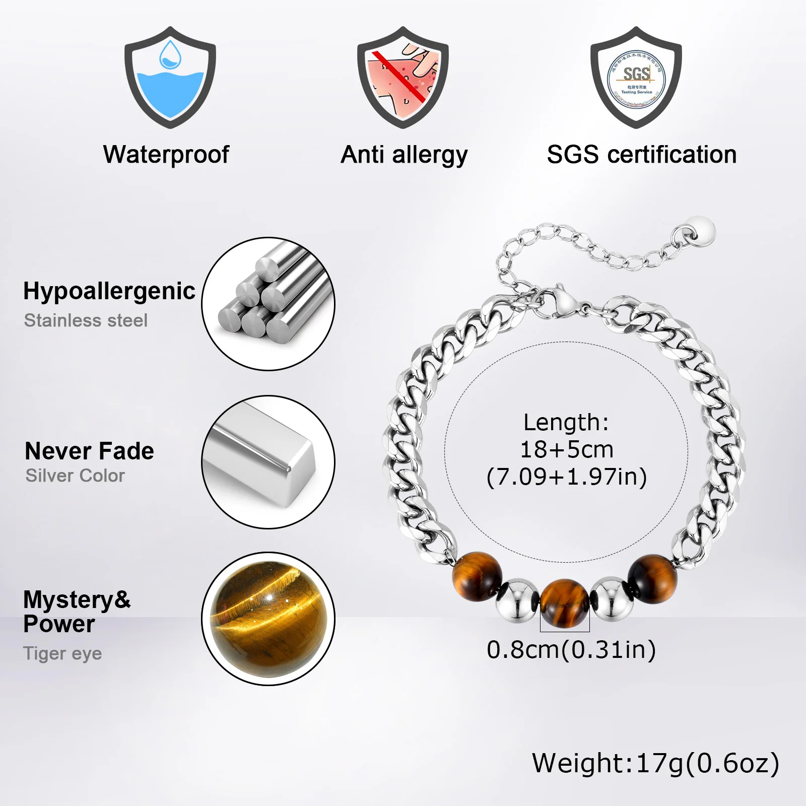 Stainless Steel Men's Beaded Bracelet,Double-layer Natural Tiger Eye Stone Bracelet,Simple Classic Jewelry Gift