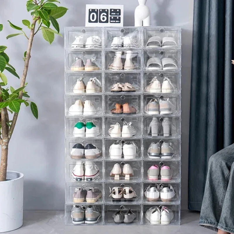 6pcs/Set Collapsible Plastic Shoe Boxes Thickened Clear Drawer Cases Space Saving Stackable Organizers Shoe Storage Box Shoebox