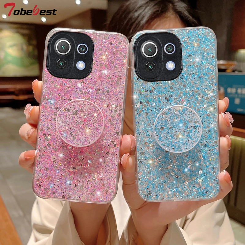 Gypsophila Glitter Phone holder Case For Xiaomi Mi 11 11T 10T Lite Pro Capas Shiny Soft Silicone Cover_voghion.com