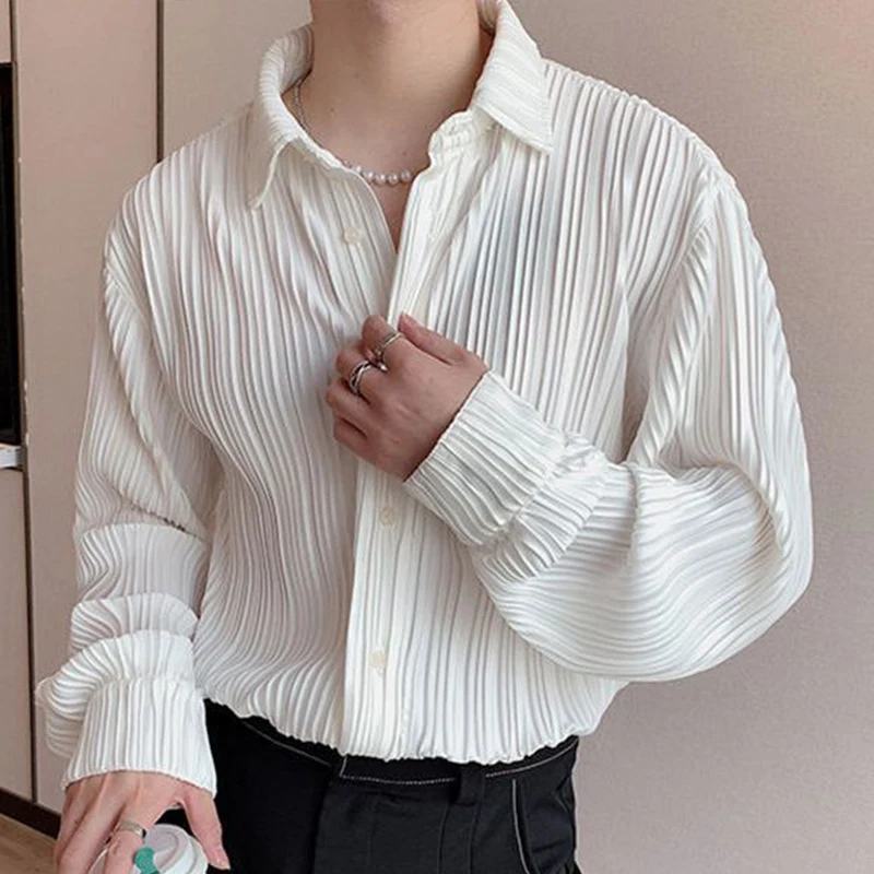 

Spring Autumn Loose Casual Long Sleeve Shirts for Men Korean Fold Design Solid Color Blouse Temperament New Fashion Simple Tops