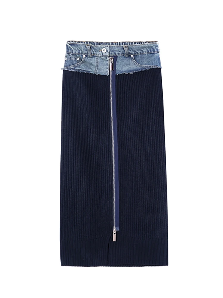

DEAT Women's Denim Skirt High Waist Knitted Patchwork Zipper Split Wrap Hip Long Female Skirts 2023 Autumn New Fashion 29L2926