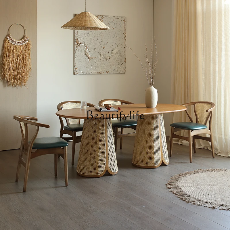

Solid Wood Dining Tables and Chairs Set Retro Oval Rattan Table