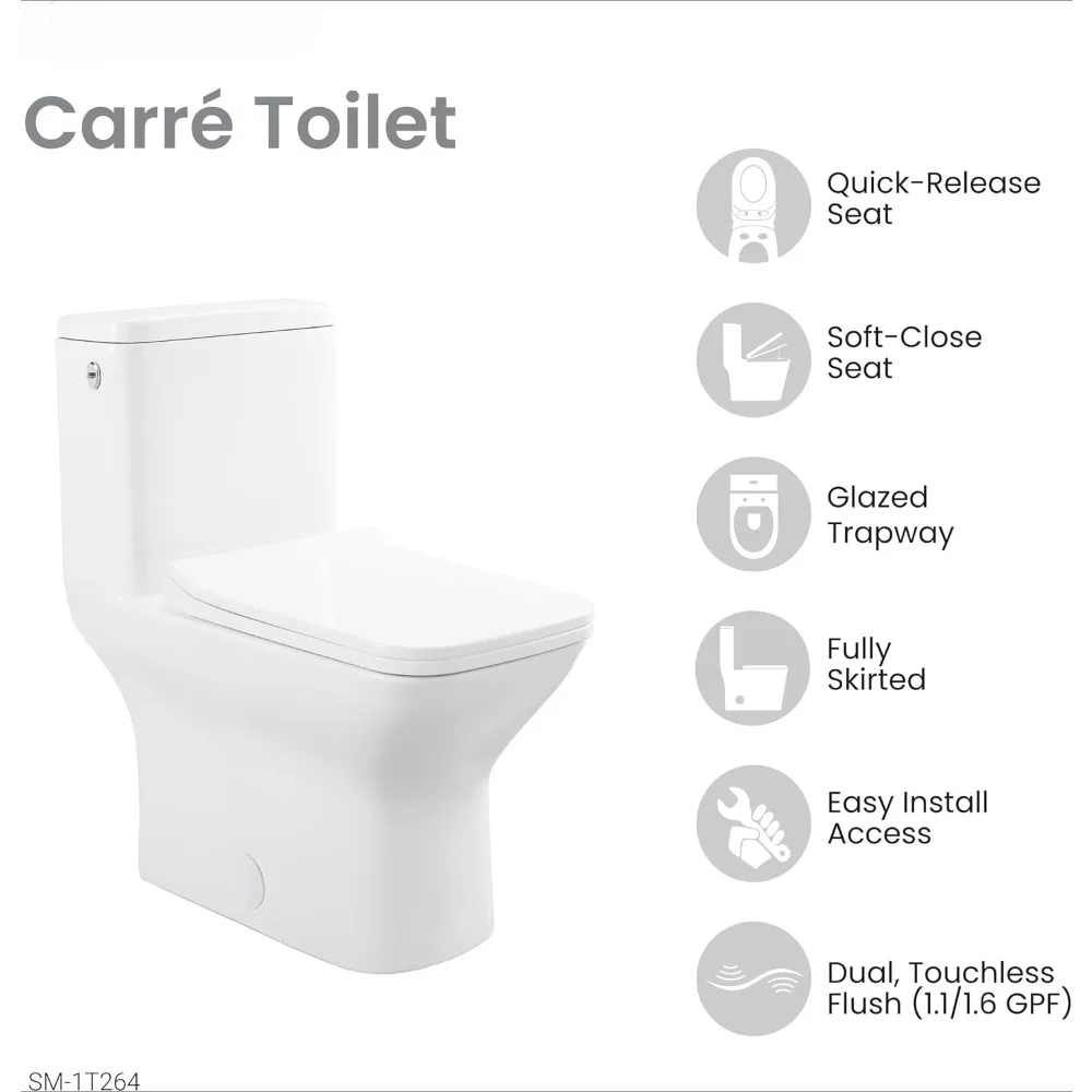 Carre One-Piece Square Toilet Dual-Flush 1.1/1.6 gpf, Touchless White, squat potty, toliet 3
