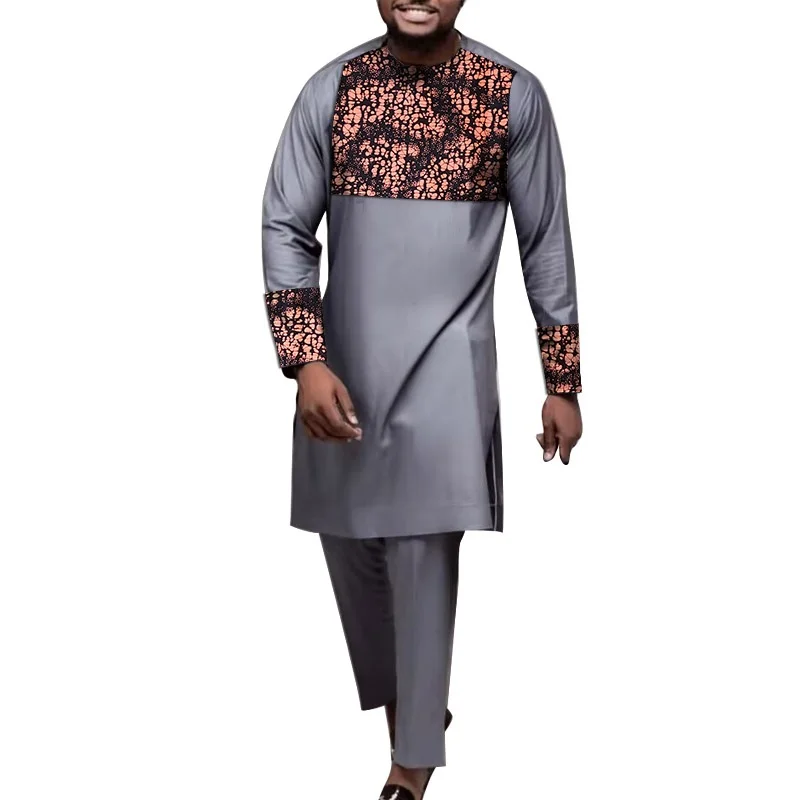 Grey Men's Sets Nigerian Fashion Patchwork Shirt With Solid Trousers Male Long Tops+Straight Pant Africa Clothing