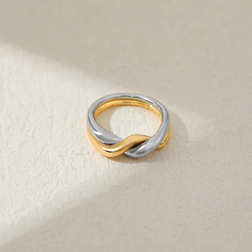 Mix Color Crossing Double Layered Circular Minimalist Rings for Women Unique Smooth Stainless Steel Waterproof Wedding Jewelry