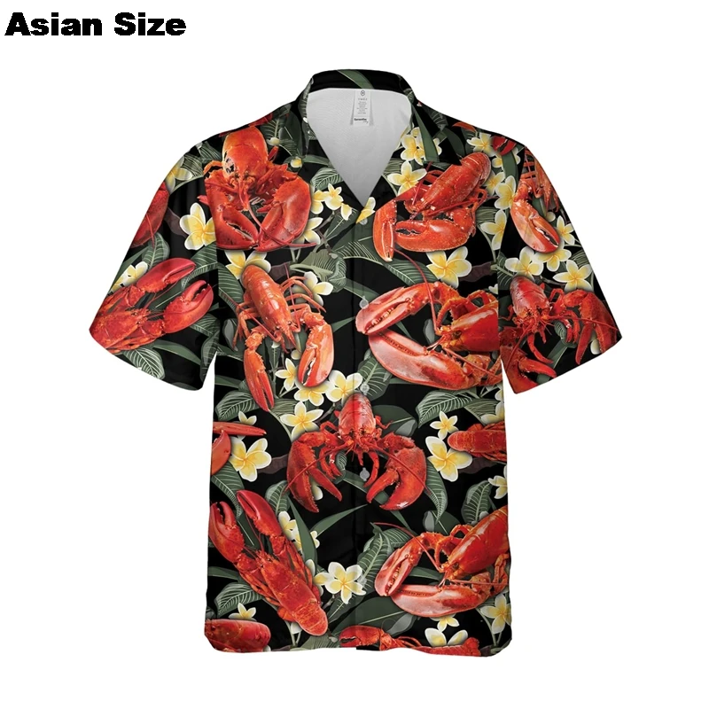 Funny Steamed Lobster Graphic Shirts For Men Clothes Summer Hawaiian Beach Shirt Delicious Seafood Button Down Shirt Man