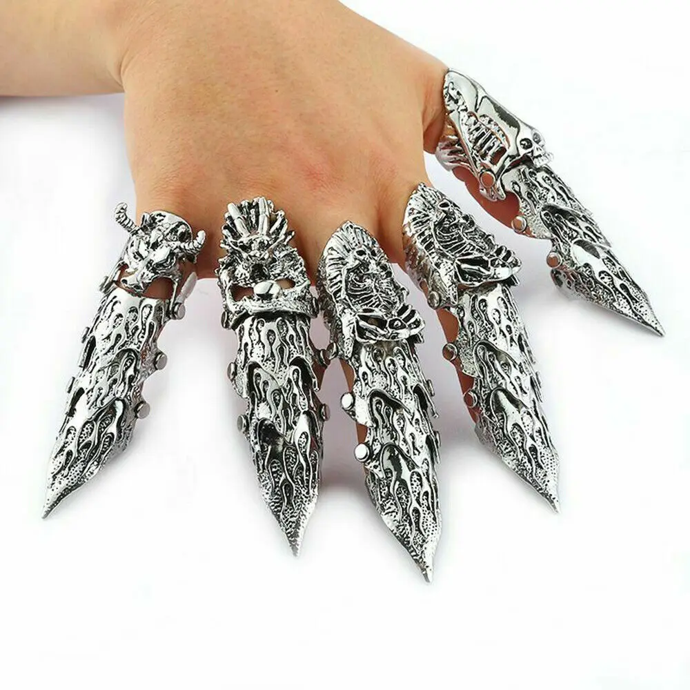 

5pcs Mixed Full Finger Ring Claw Skull Gothic Knuckle Armor Punk Rings Silver Punk Jewelry