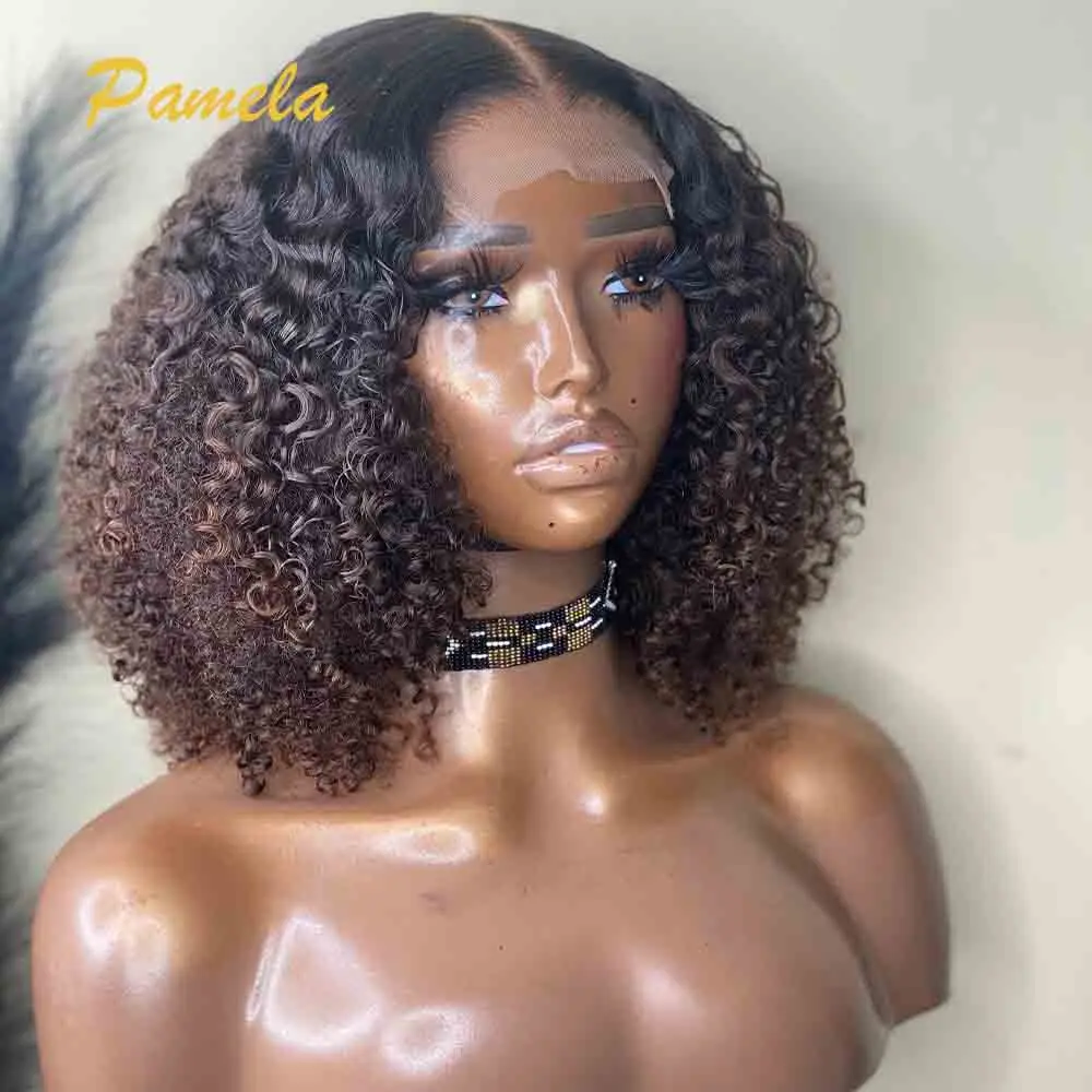 Honey Blonde Short Bob Glueless Wig Human Hair Ready To Go Highlight Ombre 1B/4 Color Curly Bob 13x4 Transparent Lace Front Wig