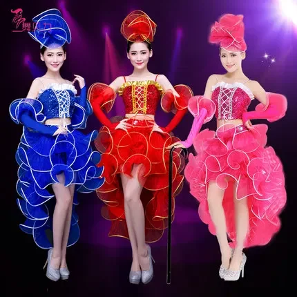 

(top+skrit+cuff)female Costume Modern Dance Clothing Jazz Dance Costumes Sequined Dresses Pink Adult Clothing Singer Dancer Star