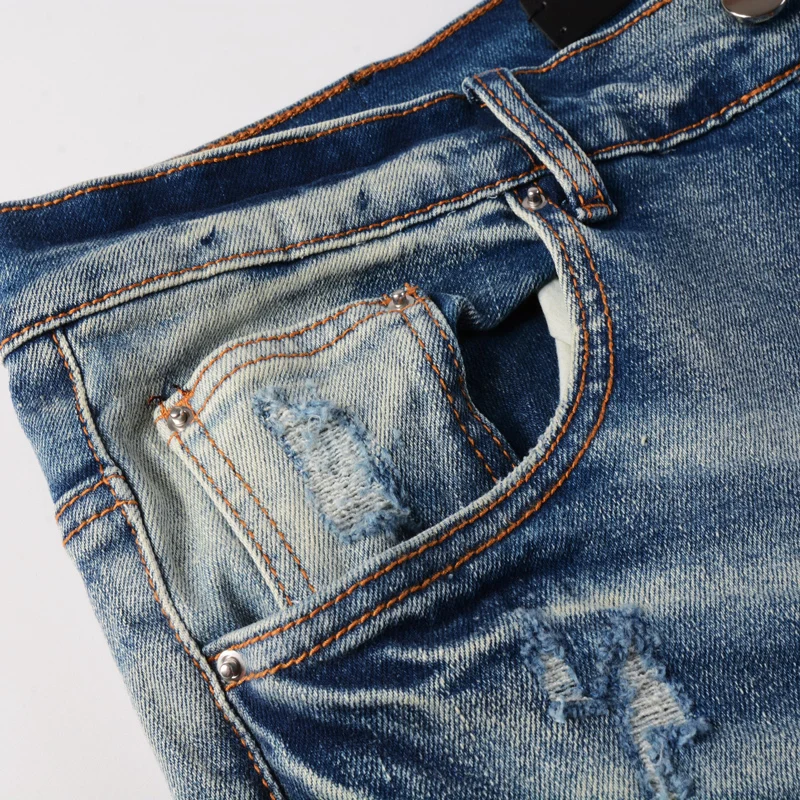 High Street Fashion Men Jeans Retro Blue Stretch Skinny Fit Ripped Jeans Men Leather Patched Designer Hip Hop Brand Pants Hombre