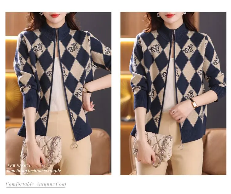 Women's Korean Vintage Plaid Sweaters Cardigan Autumn Winter Casual All-match Stand Collar Zipper Knitted Tops Female Clothing