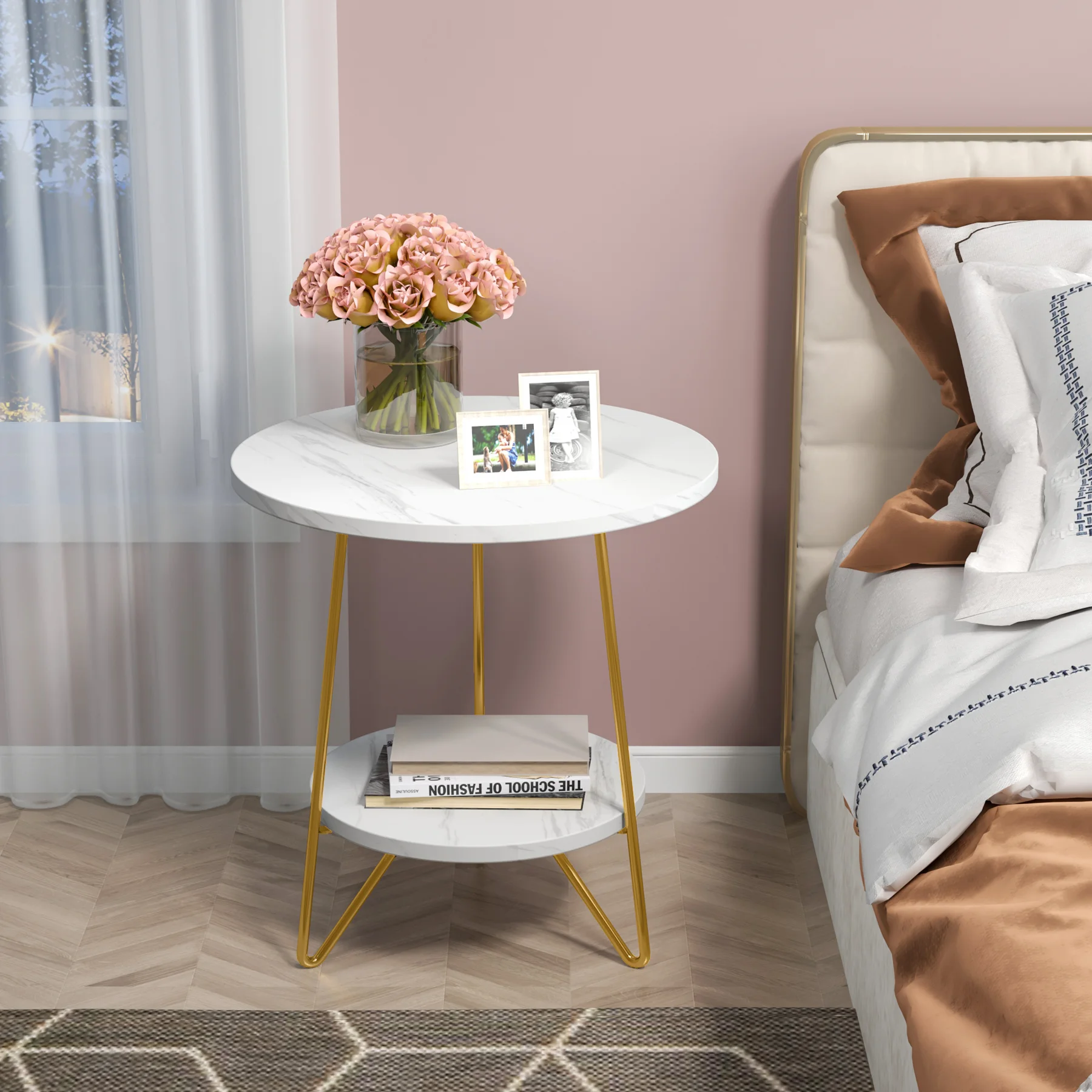 Tribesigns Faux Marble End Table 2 Tier Round Side Table with Shelves Modern Nightstand Bedside Table Small Coffee Side Table C Shaped End Table For Couch Bed Tv Tray For Eating On Couch Small End Tables Small Spaces Easy Assembly