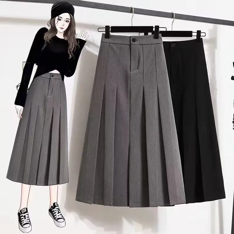 

Women Black Gray Pleated Long Skirt 2023 Spring Japanese Style High-Waist Skirts Woman Office Streetwear Skirt
