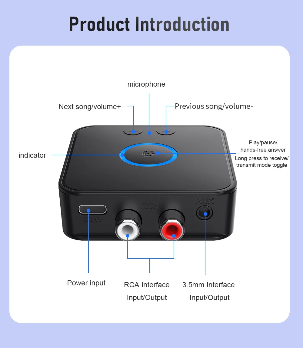 KEBIDUMEI 블루투스 6.0 오디오 수신기 송신기 3.5mm 잭 2RCA HIFI 음악 자동차 스피커 PC 용 듀얼 스트림 무선 어댑터,Bluetooth 6.0 Audio Receiver Transmit